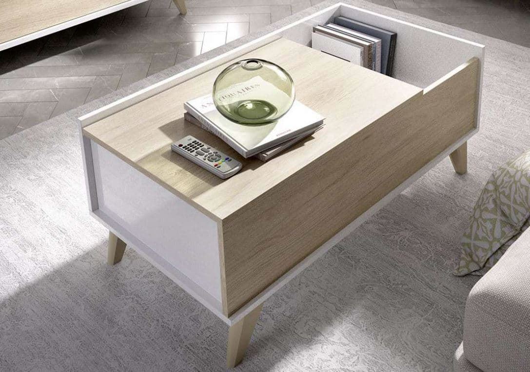 MESA DE CENTRO ELEVABLE COLOR BLANCO/MADERA NATURAL - Imagen 1